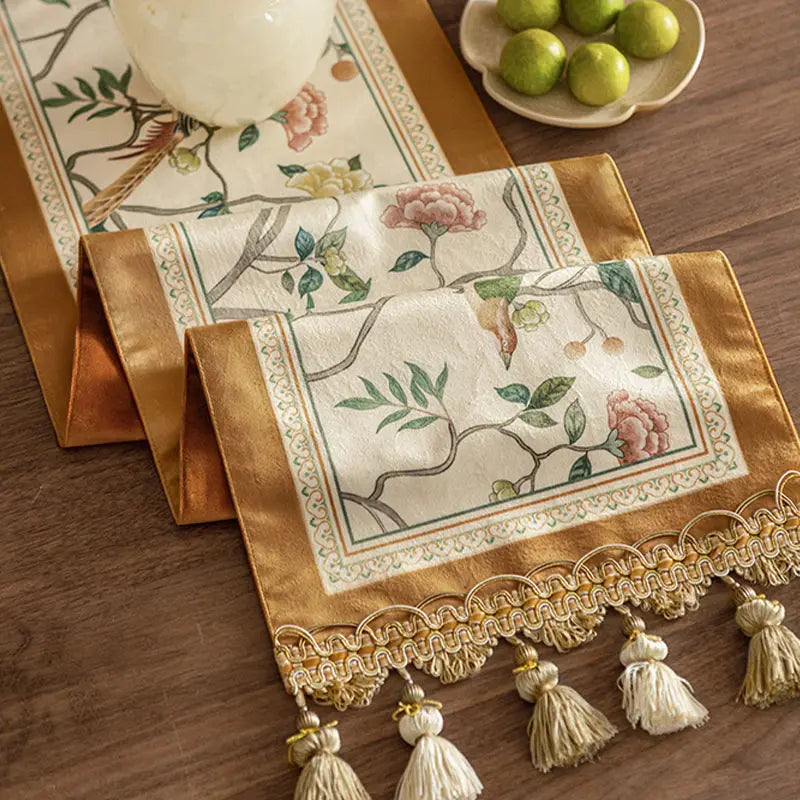 Chinoiserie Vintage Floral and Aviary Design Table Runner