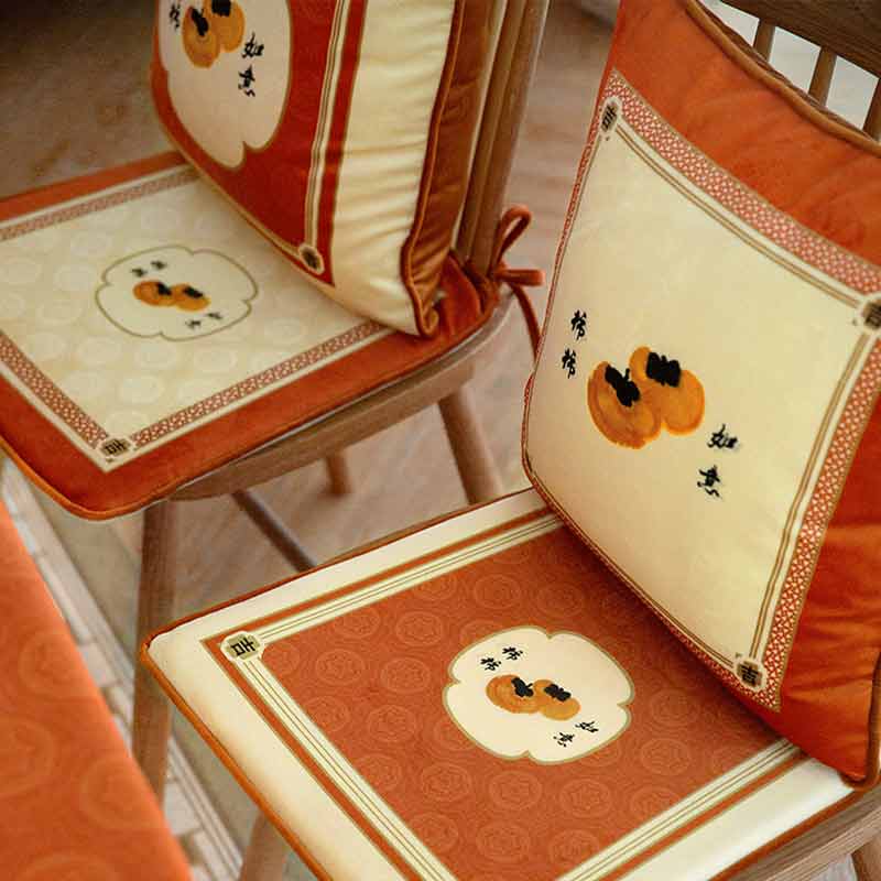 Chinoiserie Auspicious Wishes Dining Chair Cushion Persimmons Blessings